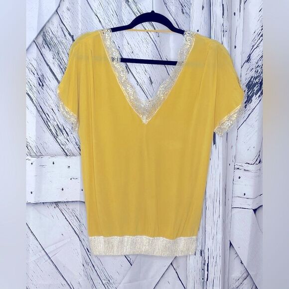 PINKO Gold Silk Satin Capped Sleeve Lace Trimmed Top 4 - Picture 1 of 8